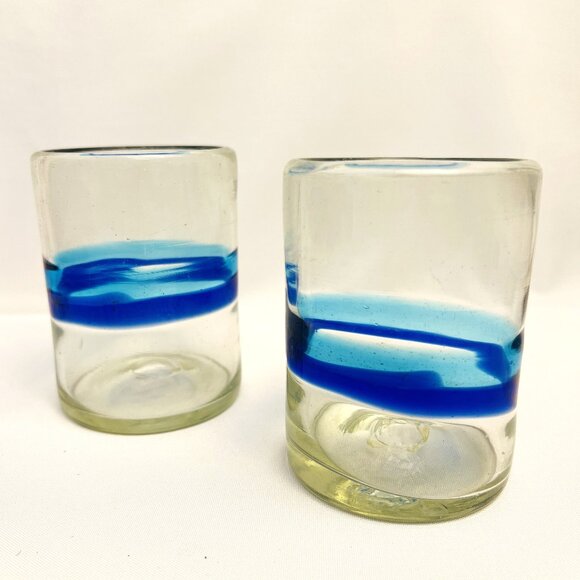 Hand Blown Cobalt Blue Swirl Short Tumblers Vintage Recycled Glass - Set of 2 - Picture 1 of 7